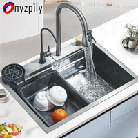 304 Stainless Steel Waterfall Kitchen Sink Large Single Slot Integrated Faucet Set Soap Dispenser/Pure Water/Cup Washer