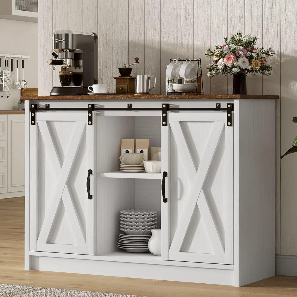 Mueble para cafetería con puertas corredizas de granero, mueble tipo buffet de granja de 42 pulgadas con almacenamiento para cocina, cafetería con ajustable