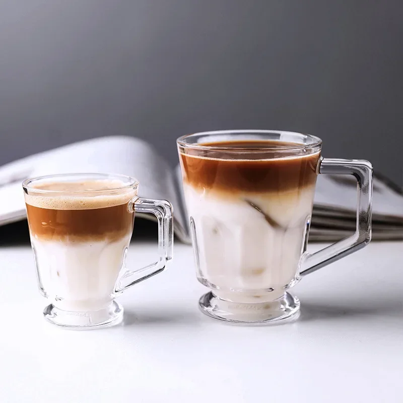American Layered Iced Coffee Cups, Classic Cold Extract Latte Glass Mug with Handle, Small Teacup Water, Nordic Crystal Glasses