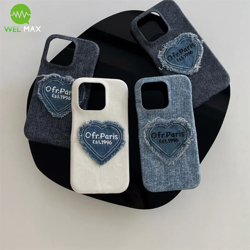 Fashion Cowboy English Embroidered Love heart Phone Case For iPhone 16 15 14 13 12 Pro Max Shockproof Anti-fall Protective Cover