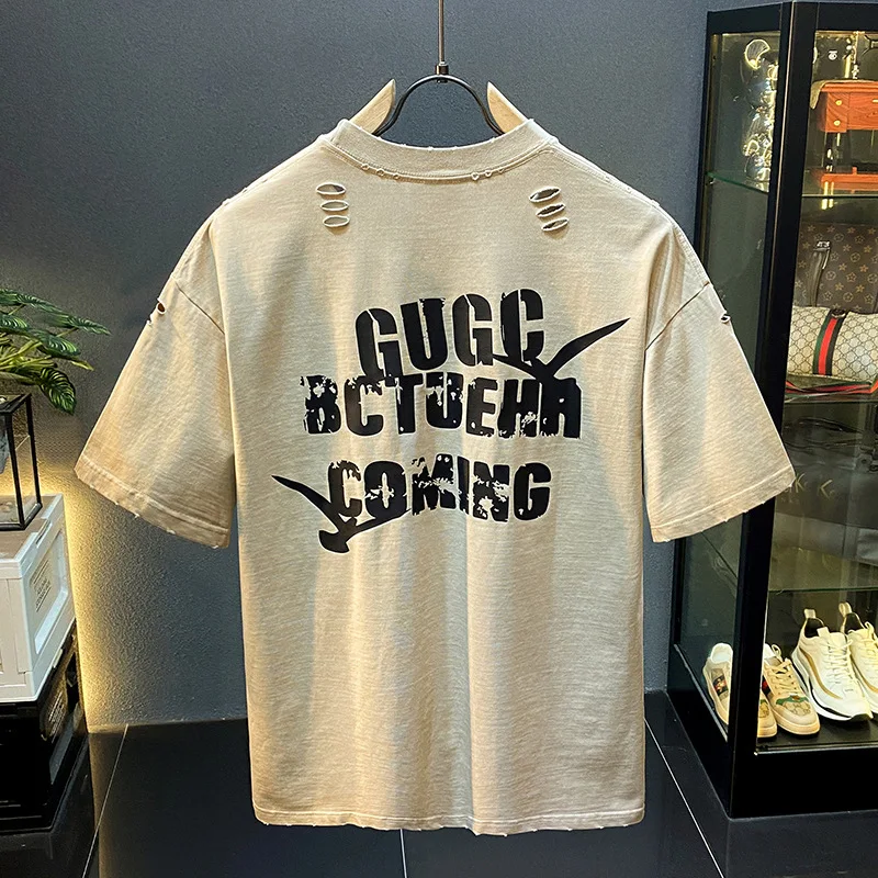 Vintage Distressed Short SleeveTMen's Summer American Style Fashion Trend Loose Fit Half Sleeve Streetwear Top