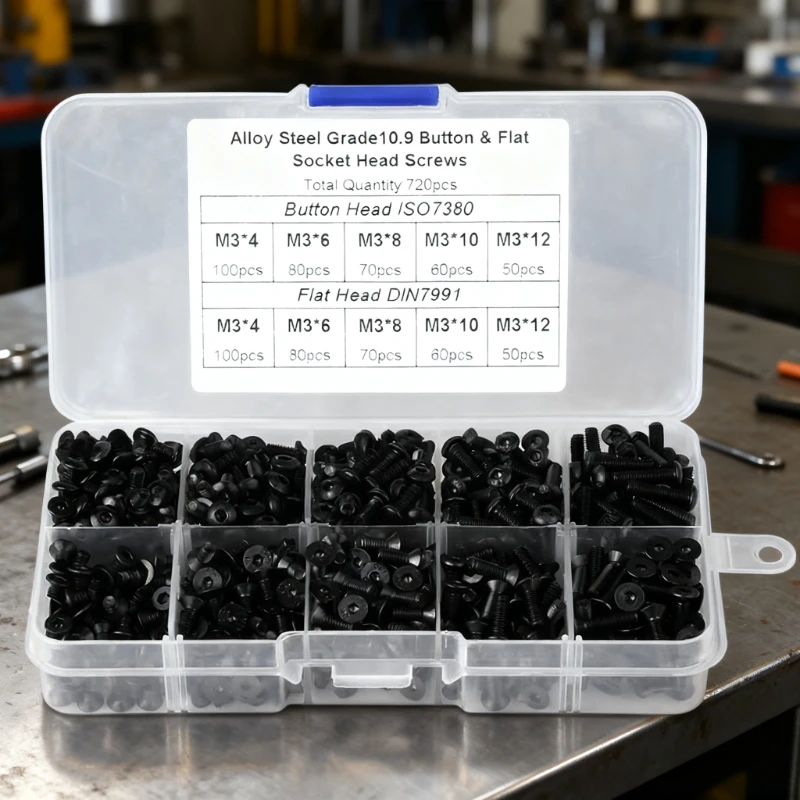 

720Pcs M3 screw set M3X4/6/8/10/12, Alloy steel Allen Hexagon Hex Socket cap Button & Flat Head Screws Assortment Kit for drones