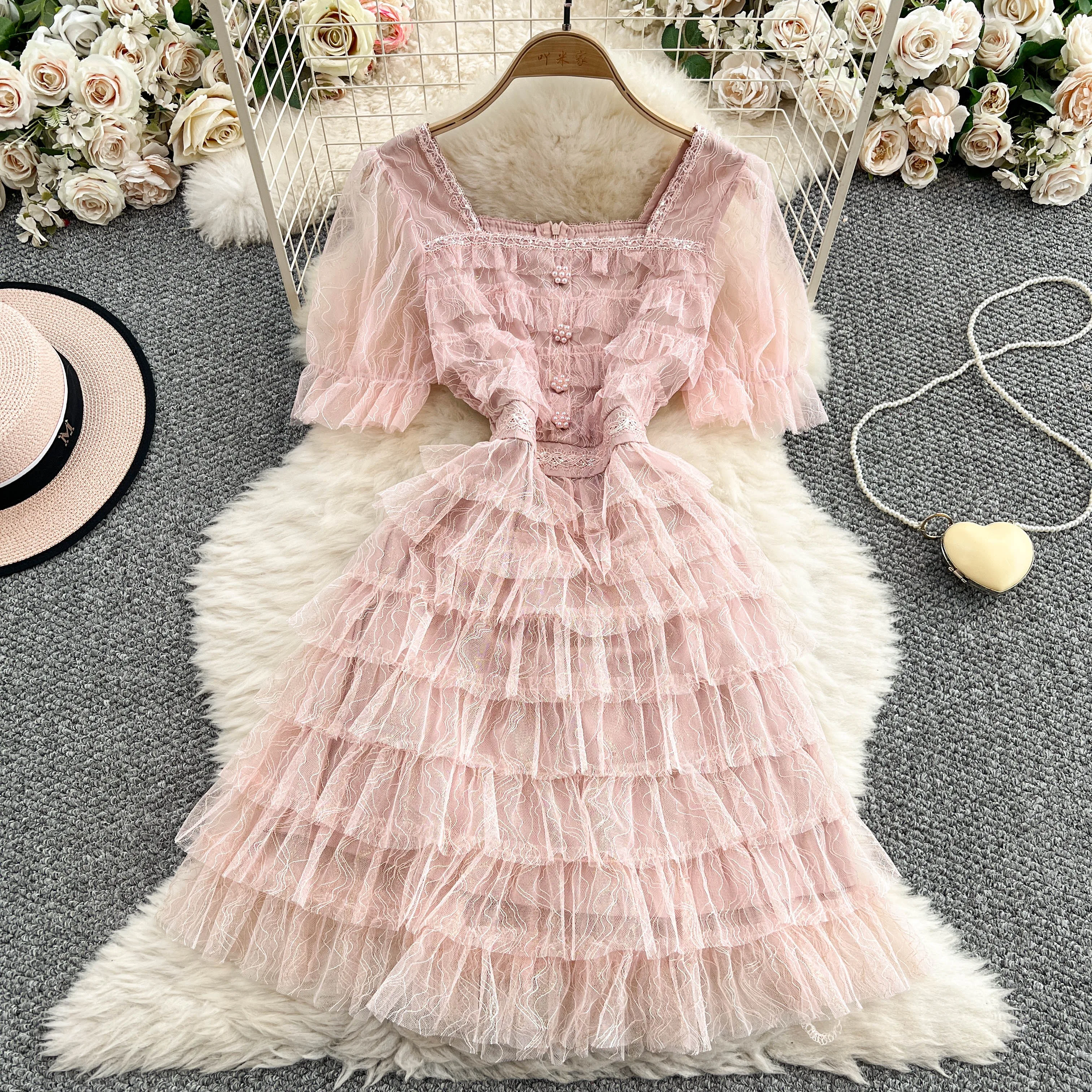 

Chic short sleeve sweet High Waist Evening Party Long dress Women High Street ceremony dresses