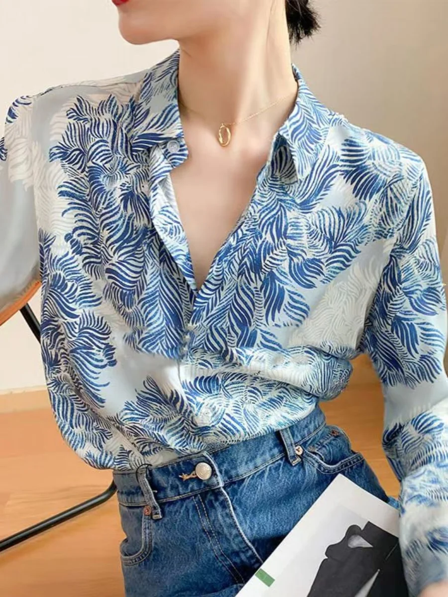 

Ladies Long Sve Spring Autumn irt Blue And White Porcelain Print Casual Top Korean Sle Loose Fit Button down Polyester