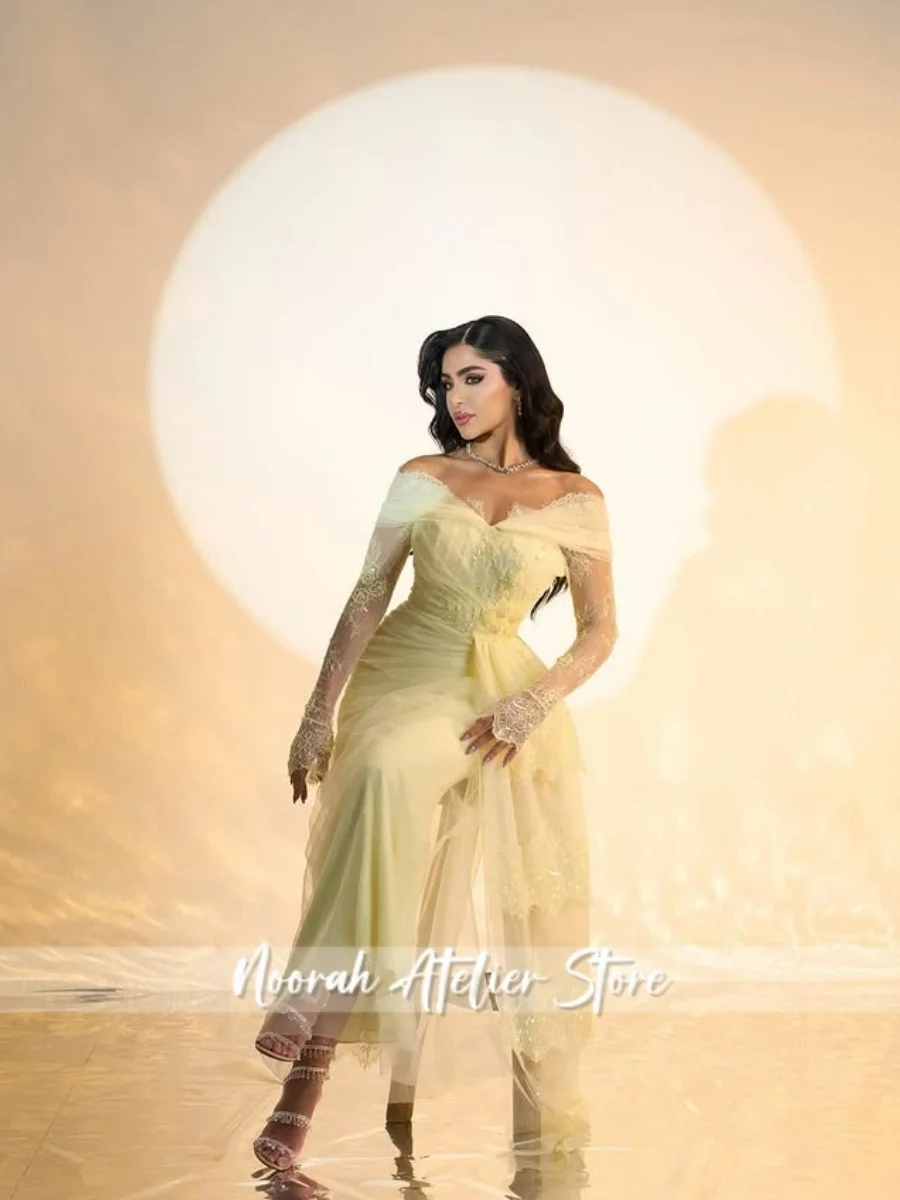 Nuevo amarillo personalizado de encaje elegante vestidos de noche lujosos 2025 mangas Illuison vestido Formal vestido de novia largo Veestidos