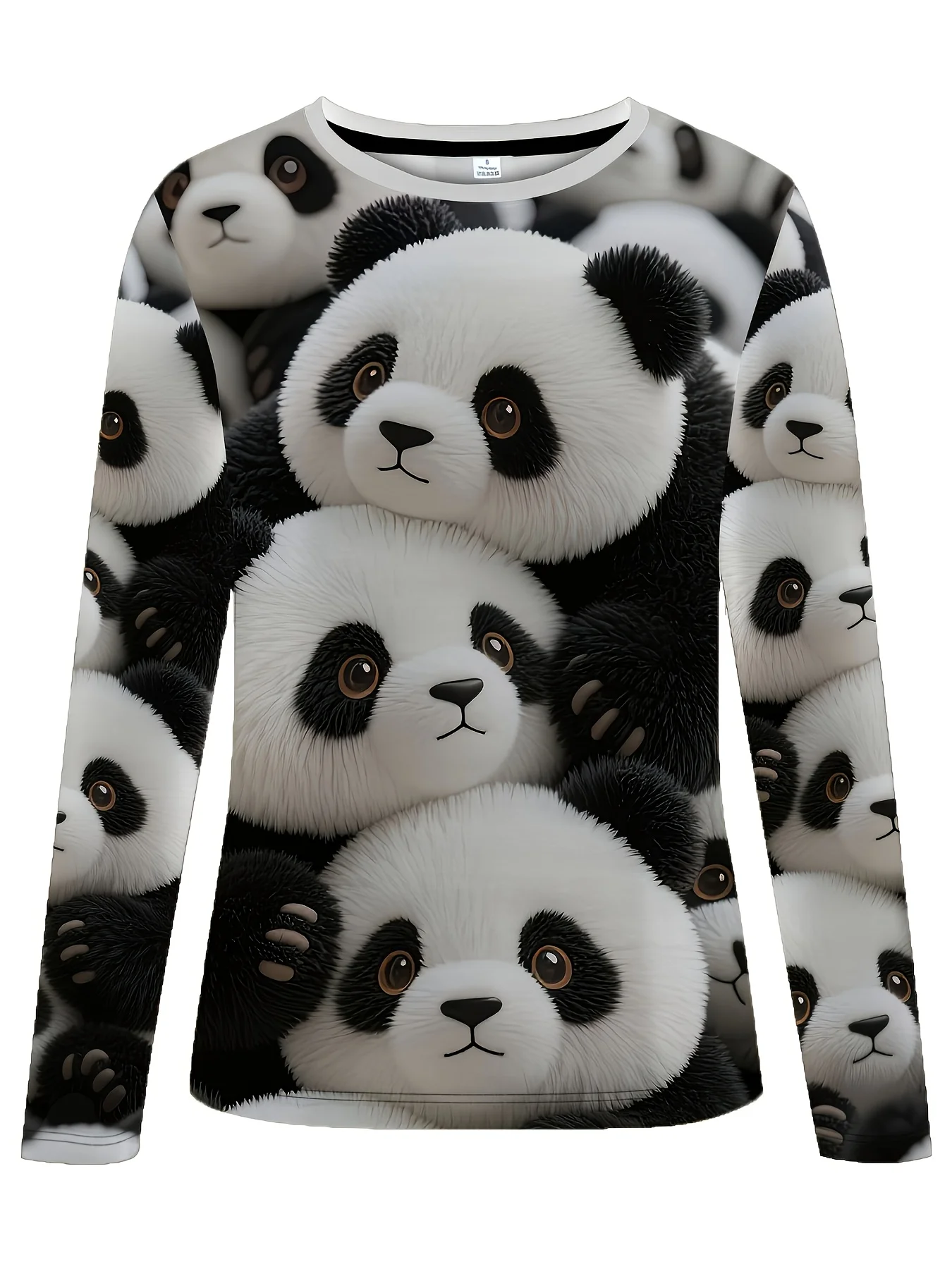 Women's Long Sleeve T-Shirt, Cute Panda Face Print Pattern, All-Winter Holiday Style Top Suitable For Leisure And Sports Scenarios