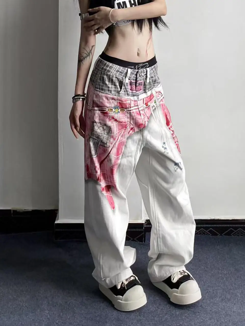 Calças de brim de impressão branca feminina carga baggy y2k japonês harajuku high street estética 2000s estilo calças jeans roupas