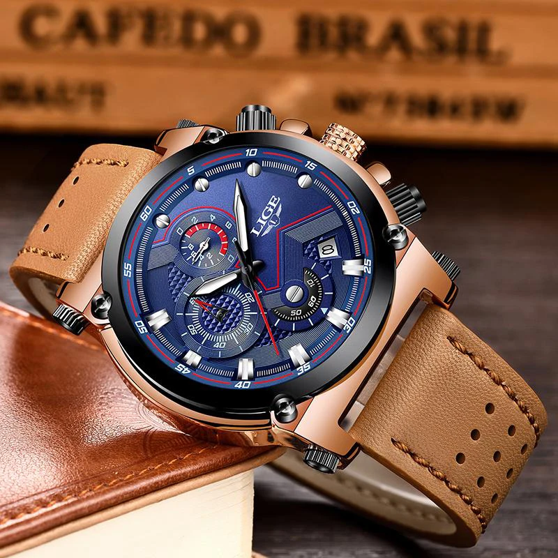 LIGE Mens Watch Top Brand Luxury Quartz Wristwatch Military Watches Men Casual Leather Waterproof Sport Clock Relogios Masculino