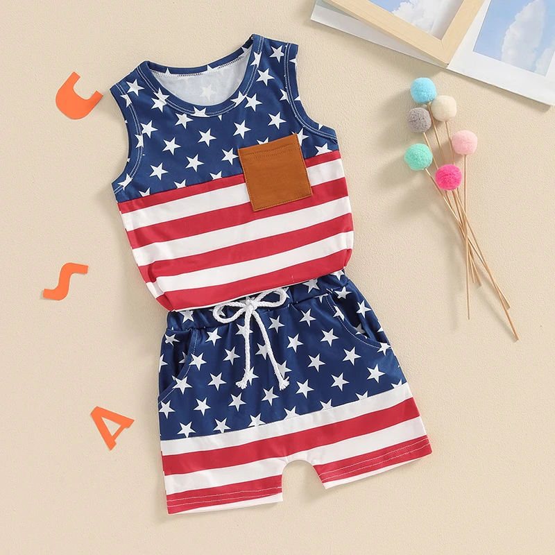 

Toddler Baby Boy 4th of July Outfit Sleeveless Stars Stripes Tank Top Shirt Shorts Fourth of July Clothes Set