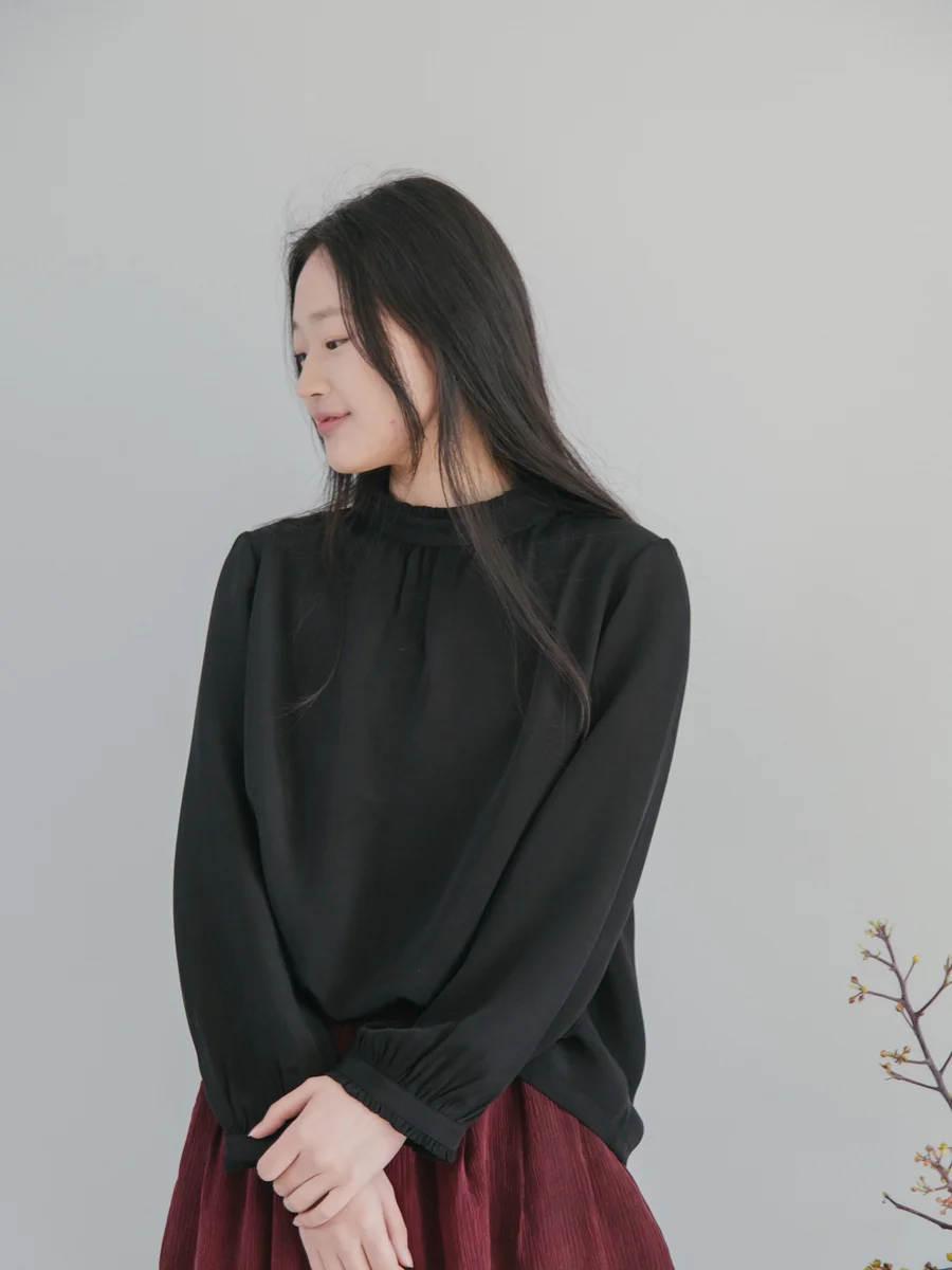 

Ele Bla Silk irt 30 Momme Heavyweight Vintage Stand Collar Loose Fit Long Sve Ladies Faion Original Design Pure ...