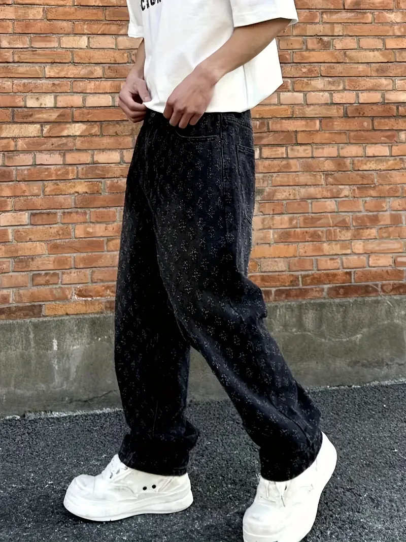 

Black Jacquard All-Over Print Flared Jeans for Men, European and American High Street Vibe, Straight Loose Narrow-Fit Casual Wide-Leg Pants