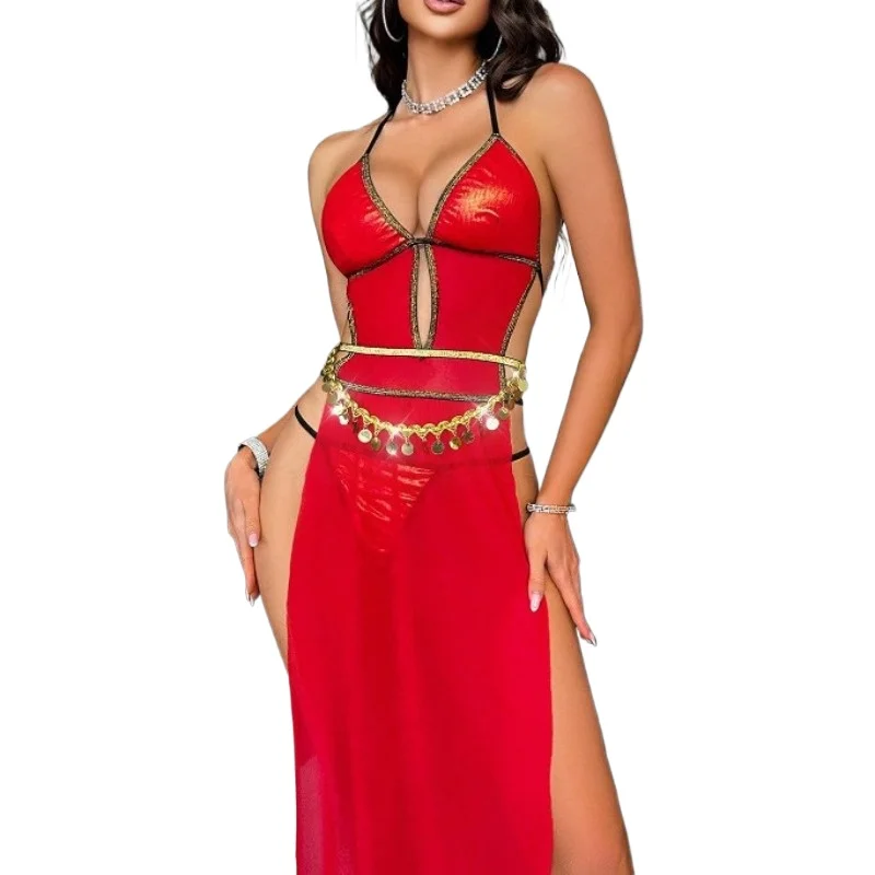 Sexy Women's Leather Mesh Flared Long Nightgown Sexy Lingerie Set Hollowed Out Lace Pajamas Dress Spaghetti Strap Long Dress