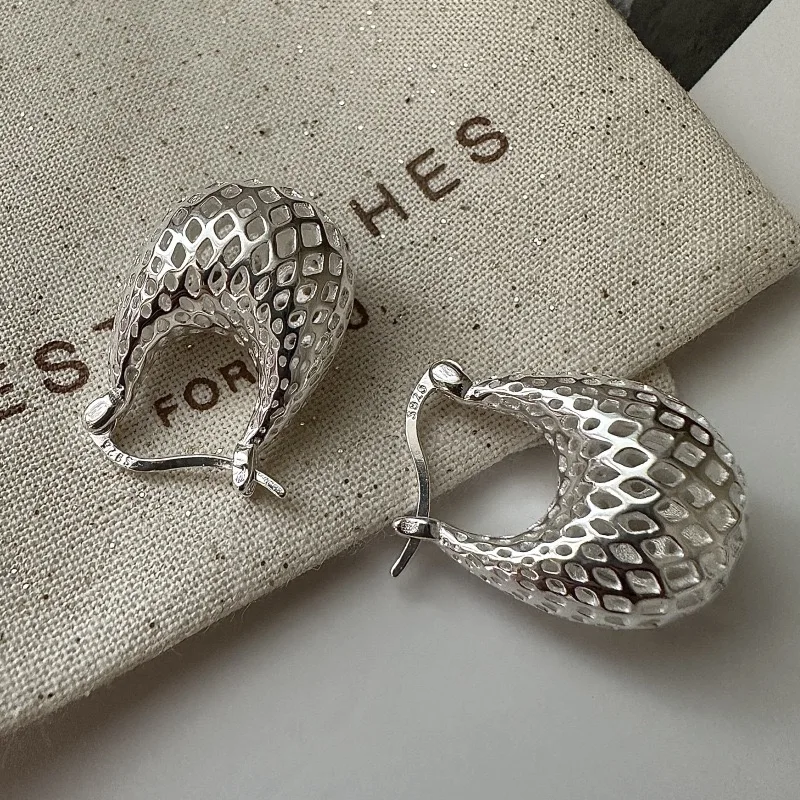 Kolczyki ze srebra próby 925 w stylu vintage dla kobiet, modne, proste, duże kolczyki w kształcie sieci, biżuteria antyalergiczna, akcesoria na imprezę.