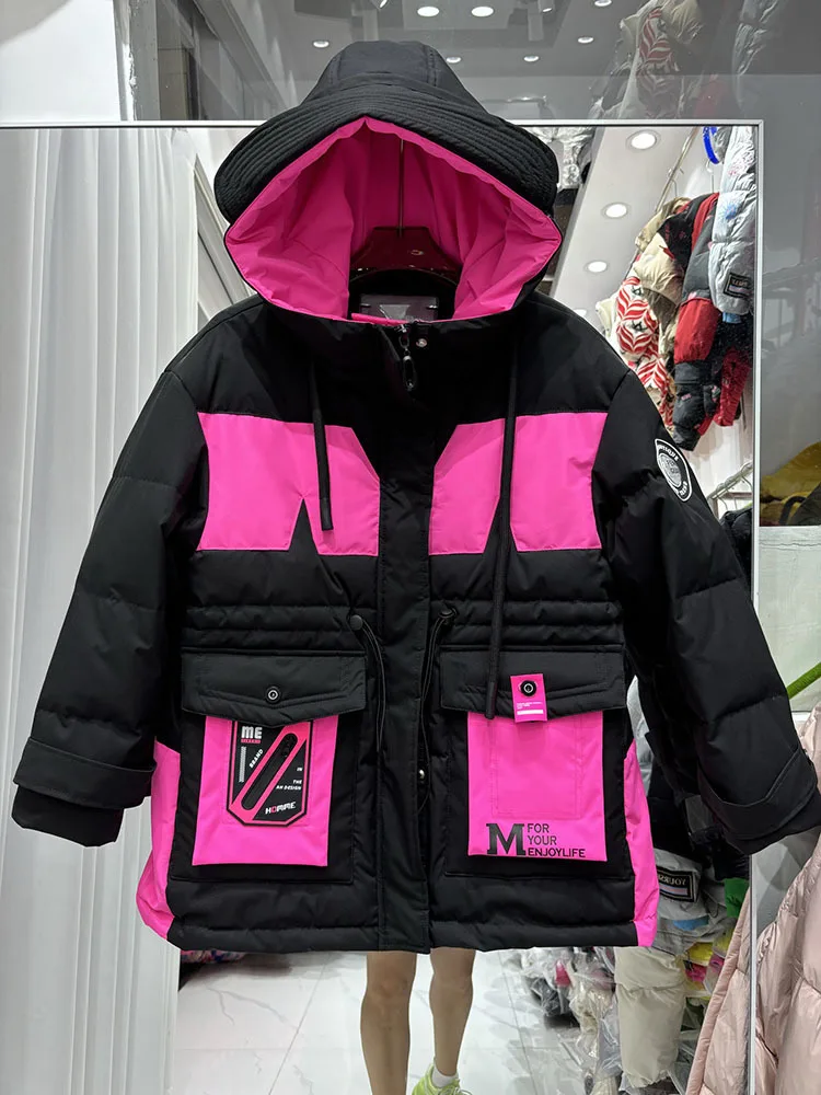 2024 New Women Jacket Patchwork Coats Down Hooded Mid-length Parker Down Hooded Outerwear Thickened Winter Coat Female