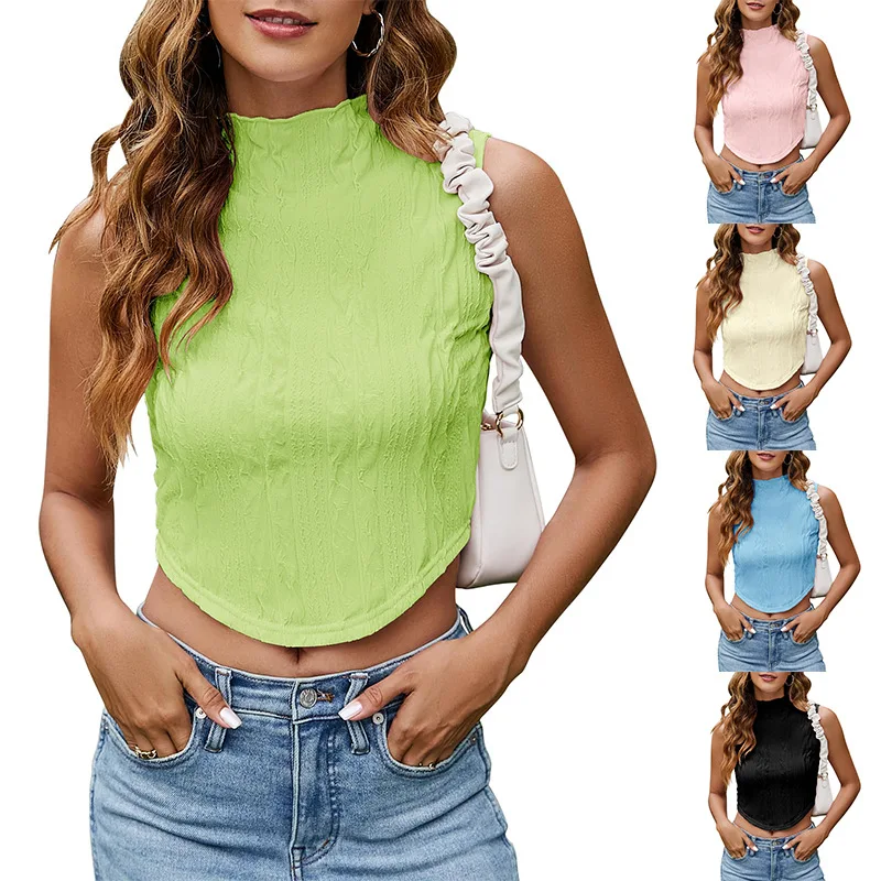 Women's Tank Top 2024 Sleeveless Texture Casual Summer Knitted Round Neck Slim Fit With Navel Exposed