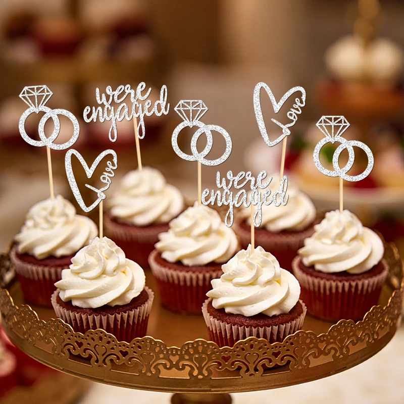 NUBECOM 24 Stück Verlobungs-Cupcake-Topper, Verlobungs-Kuchenaufsätze, glitzerndes Liebesherz mit Liebesringen, Verlobungs-Schrift-Kuchendekorationen – Detail 9