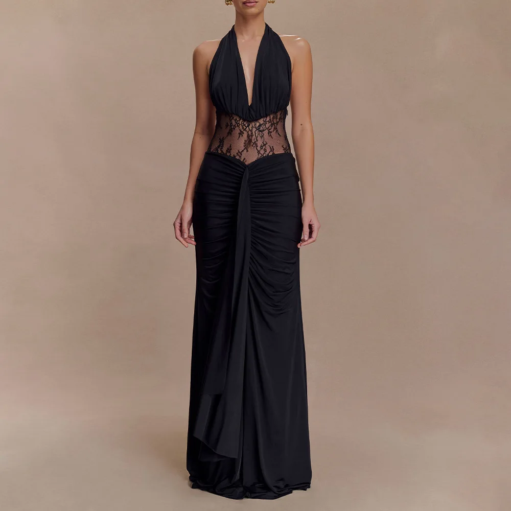 الدانتيل الزخرفية شبه منظور عارية الذراعين الخصر النحيف مثير تنورة طويلة بلون بسيط المتقدمة الخامس الرقبة شنقا الرقبة اللباس #1