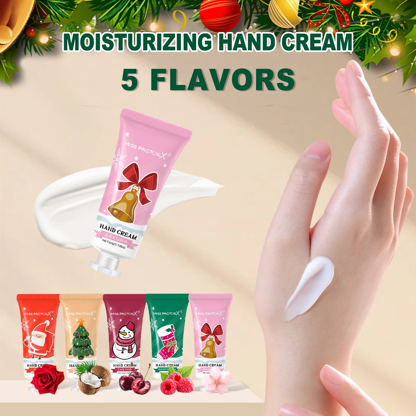 مجموعة هدايا تجميع عيد الميلاد - 5 مجموعات، بما في ذلك بلسم، كريم اليد، أحمر الشفاه، كيس شاش أحمر، بطاقة شكر شجرة عيد الميلاد