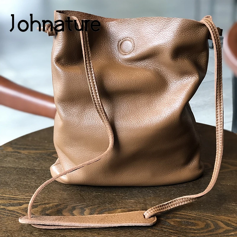 Johnature Simple Nature Soft Cowhide Women Bag 2024 New Genuine Leather Large Capacity Solid Color Shoulder & Crossbody Bags