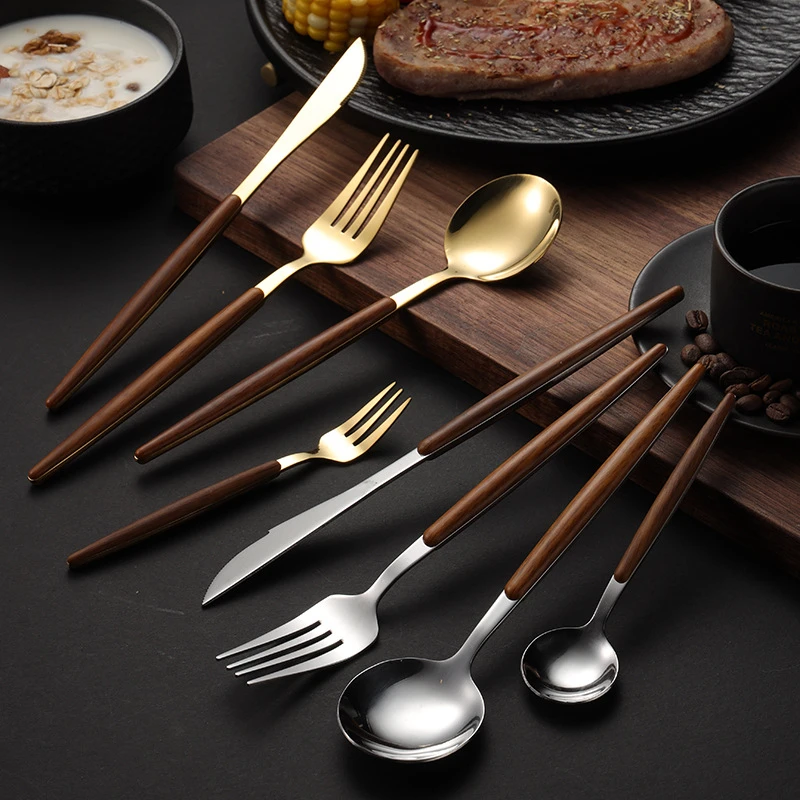 For Home Dinnerware Stainless Steel Knife Fork Spoon Mirror Silver Golden Wooden Handle Dishwasher Kitchen Western Flatware