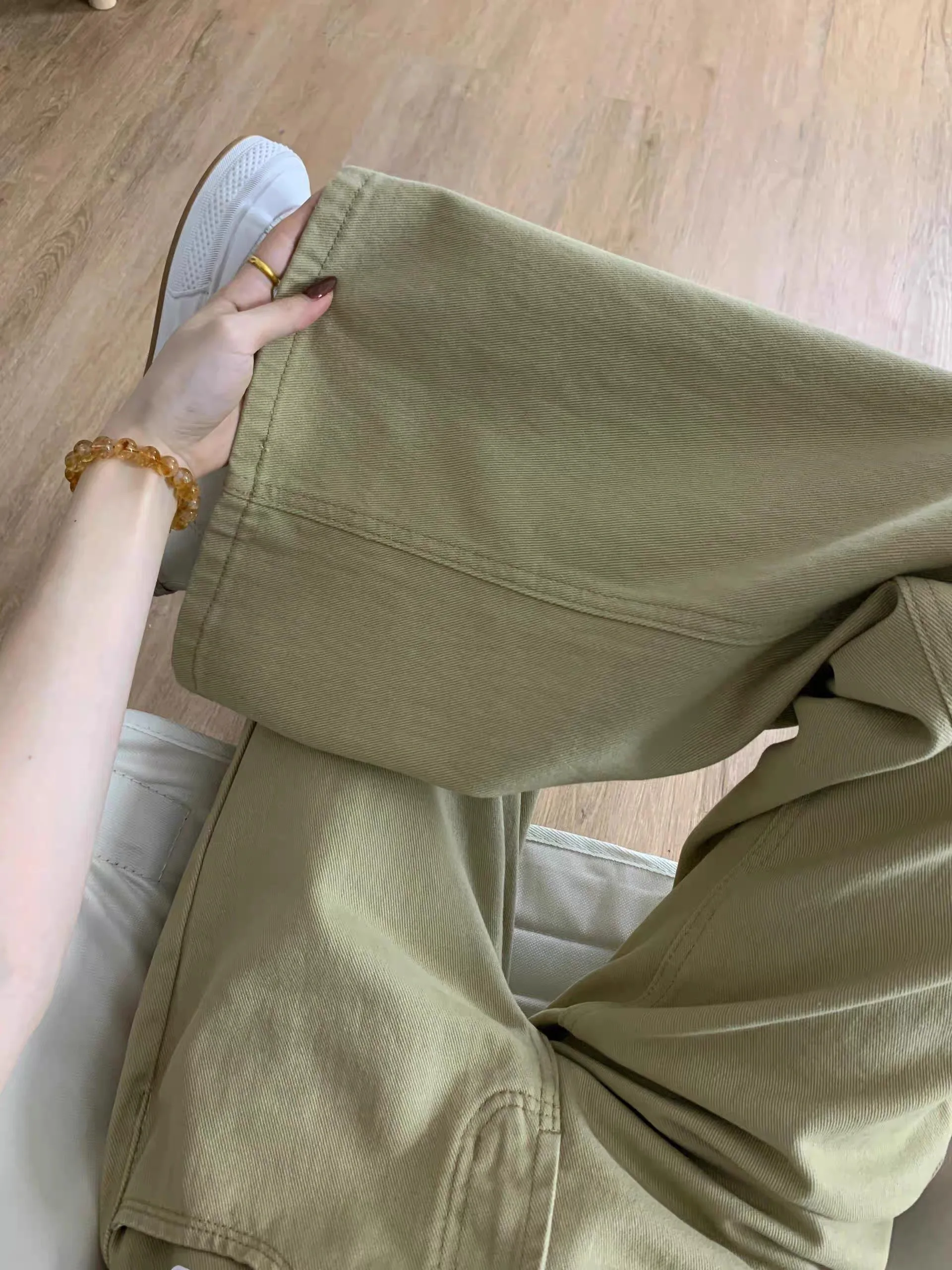 Petite femme américain kaki taille basse jean légèrement évasé sans jambe collant coupe ample minceur jambe large drapé pantalon