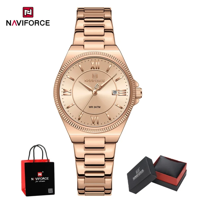 NAVIFORCE Elegant Women Quartz Watch Stainless Steel Calendar 3ATM Waterproof Business Casual Luxury Wristwatch Gifts box
