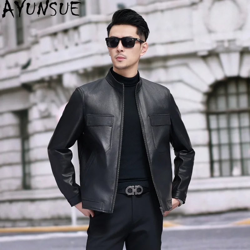 AYUNSUE طبقة علوية سترة جلد البقر الرجال 2025 الكورية نمط حقيقية سترات من الجلد رجل الوقوف طوق قصير معطف جلد أسود #2