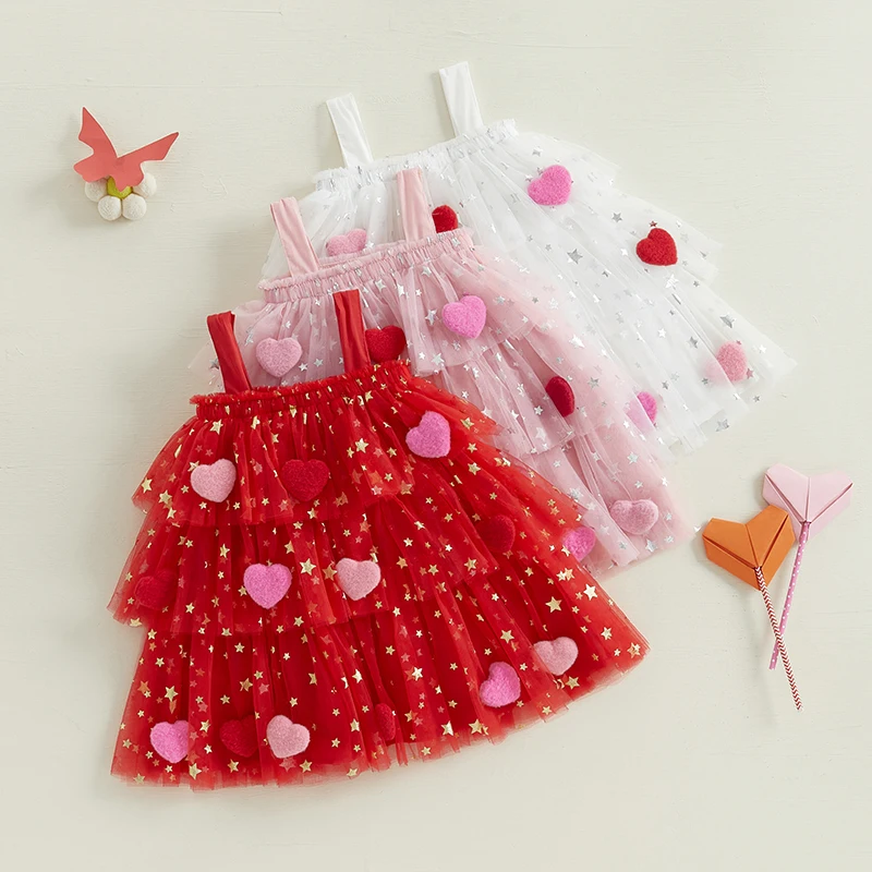 Kids Girl Cute Valentine Day Dress Star Print Square Neck Sleeveless Layered Tulle Dress with 3D Heart 1-9 Years