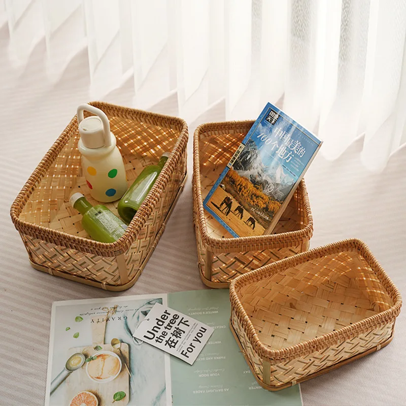 

Bamboo woven pastoral storage basket, hand-woven desktop sundries, clothing, coffee table, stationery, books