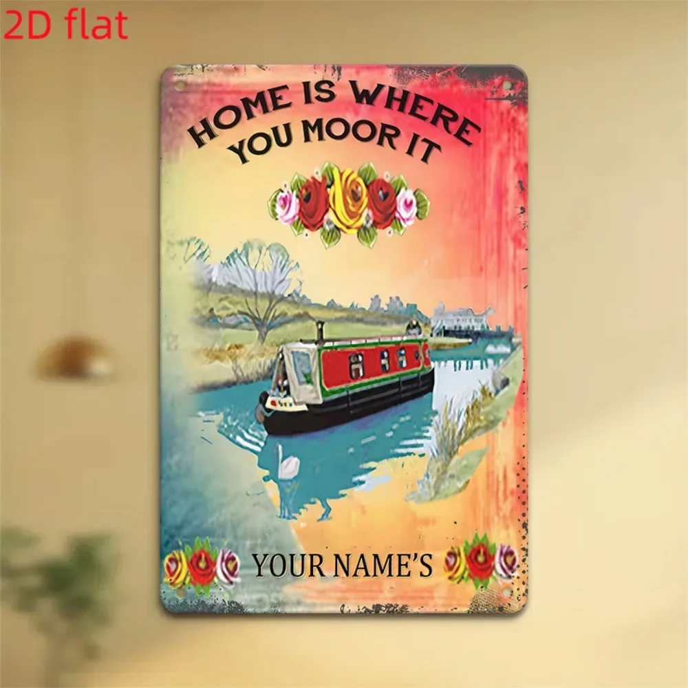 [Plano 2D] 1 pieza Letrero metálico personalizado con nombre para embarcaciones de canal estrecho, decoración de pared con la frase 'El hogar es donde amarres tu barco' (Solo para decoración)
