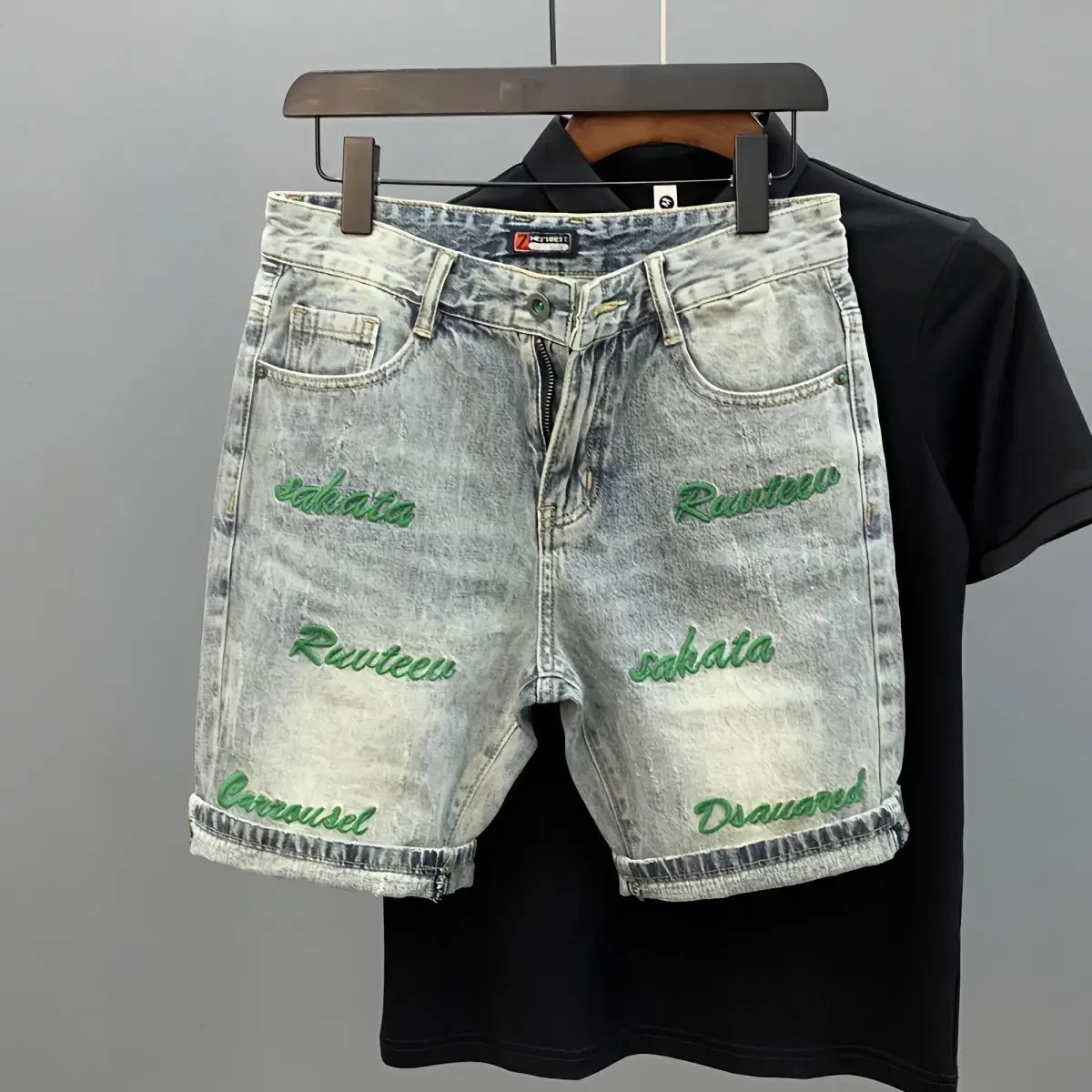 Male Denim Shorts Oversize Big Size Retro With Text Men\'s Short Jeans Pants Cut Cowboy Korean Fashion Jorts Sale Vintage