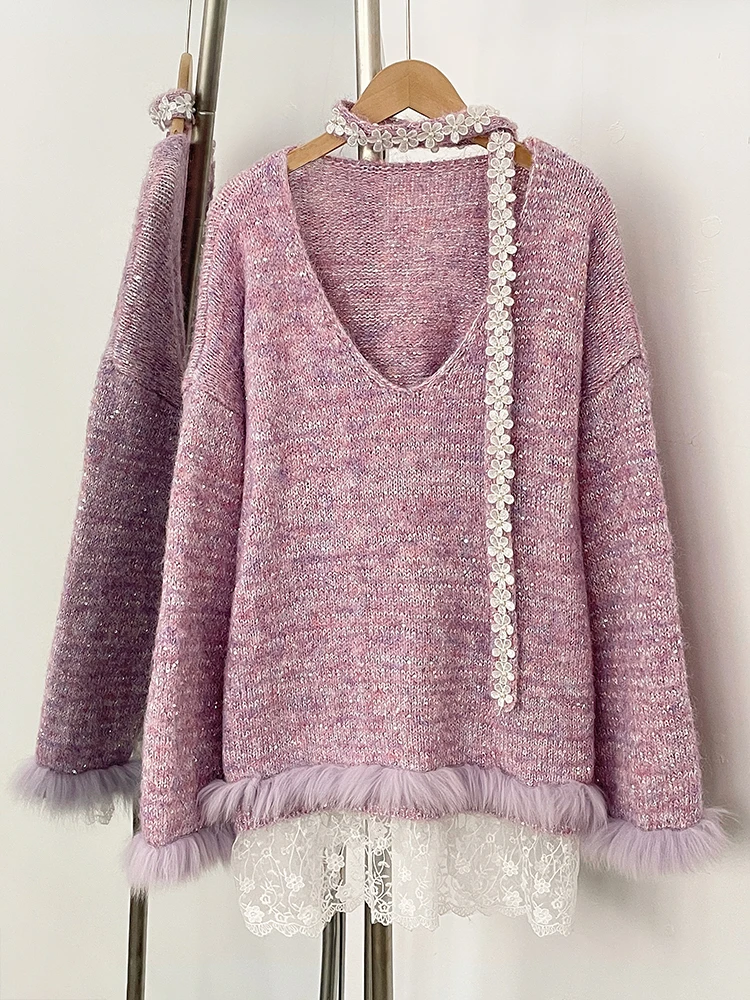 2025 nueva primavera otoño Top ropa de punto mujeres cinta suelta prendas de punto abrigo piel de zorro Real jerseys de encaje suéter chaqueta femenina