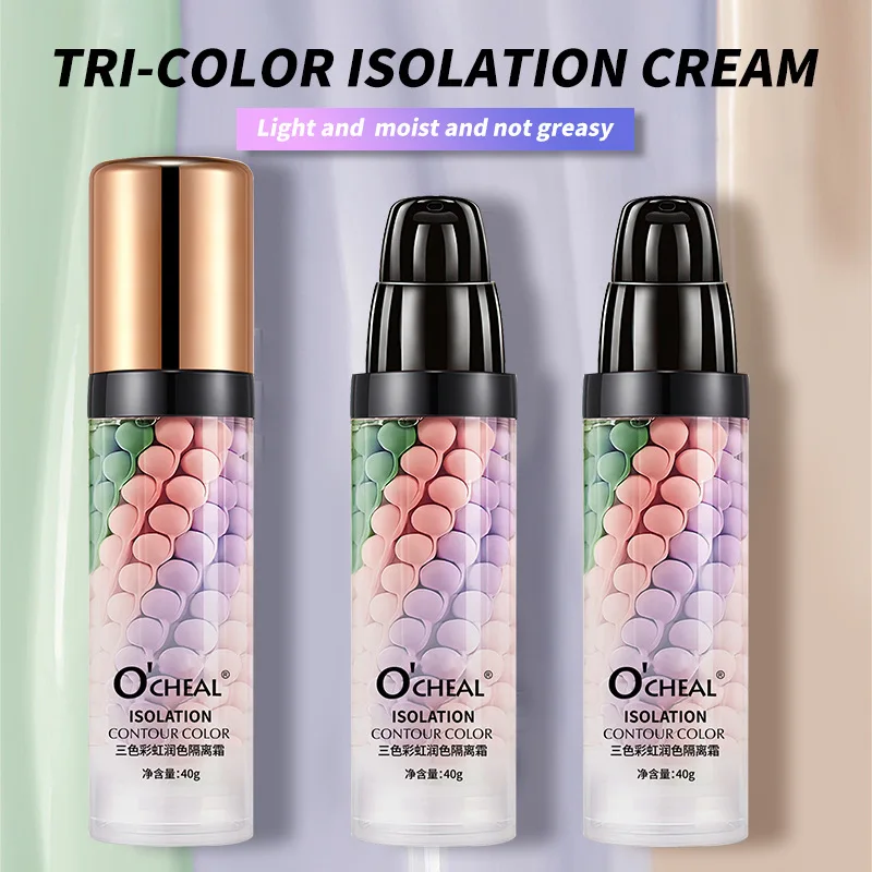 برايمر ثلاثي الألوان بألوان قوس قزح مرطب يدوم طويلاً ومسام غير مرئية لتفتيح الوجه وتصحيح لون البشرة