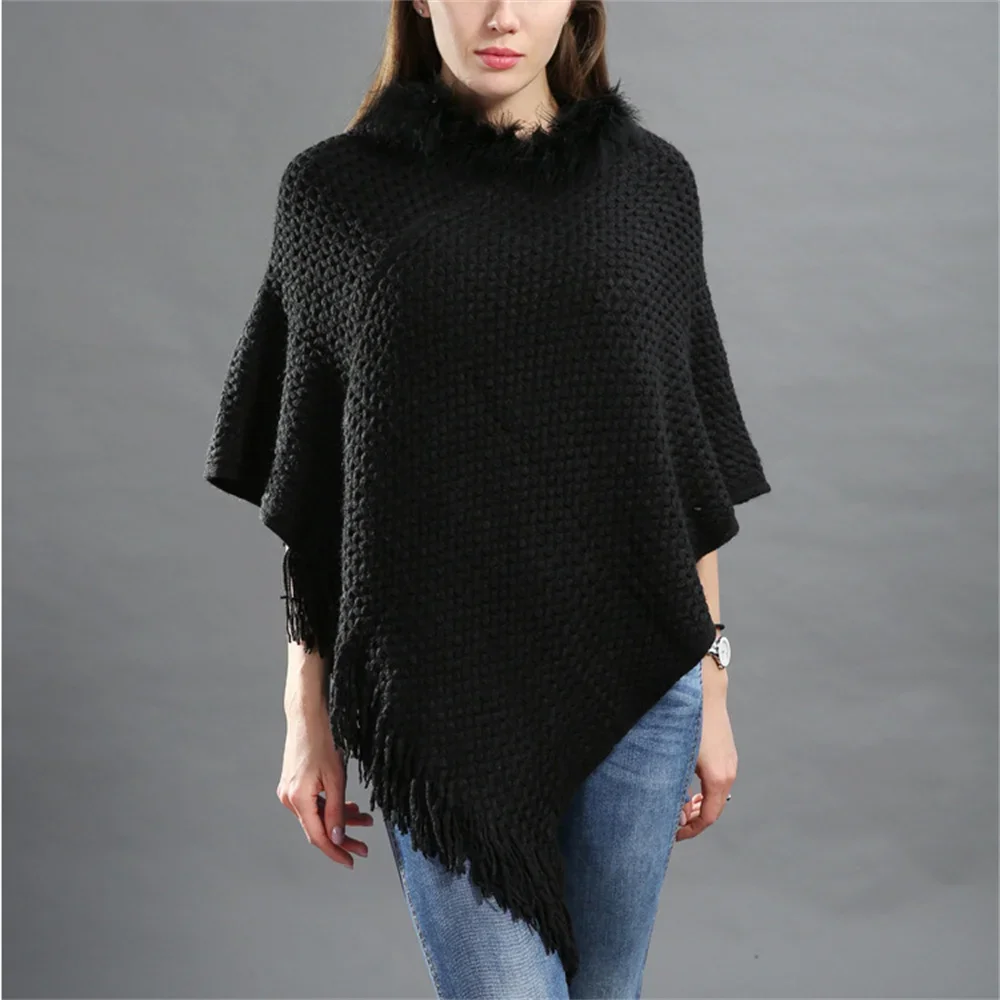 Autumn Winter Women Triangle Long Capes Poncho Tassel Knitwear Faux Fur O Neck Outstreet Pullover Loose Knitted Plaid Shawl