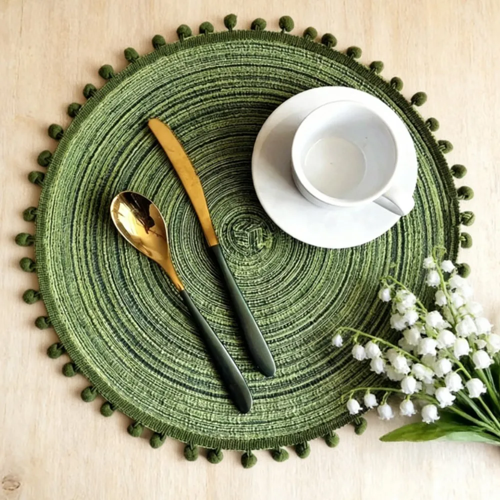 1/4/6pcs Braided Round Placemats Heat Resistant Woven Dining Table Mat Pads with Cute Pompoms for Christmas Table Decor Gift