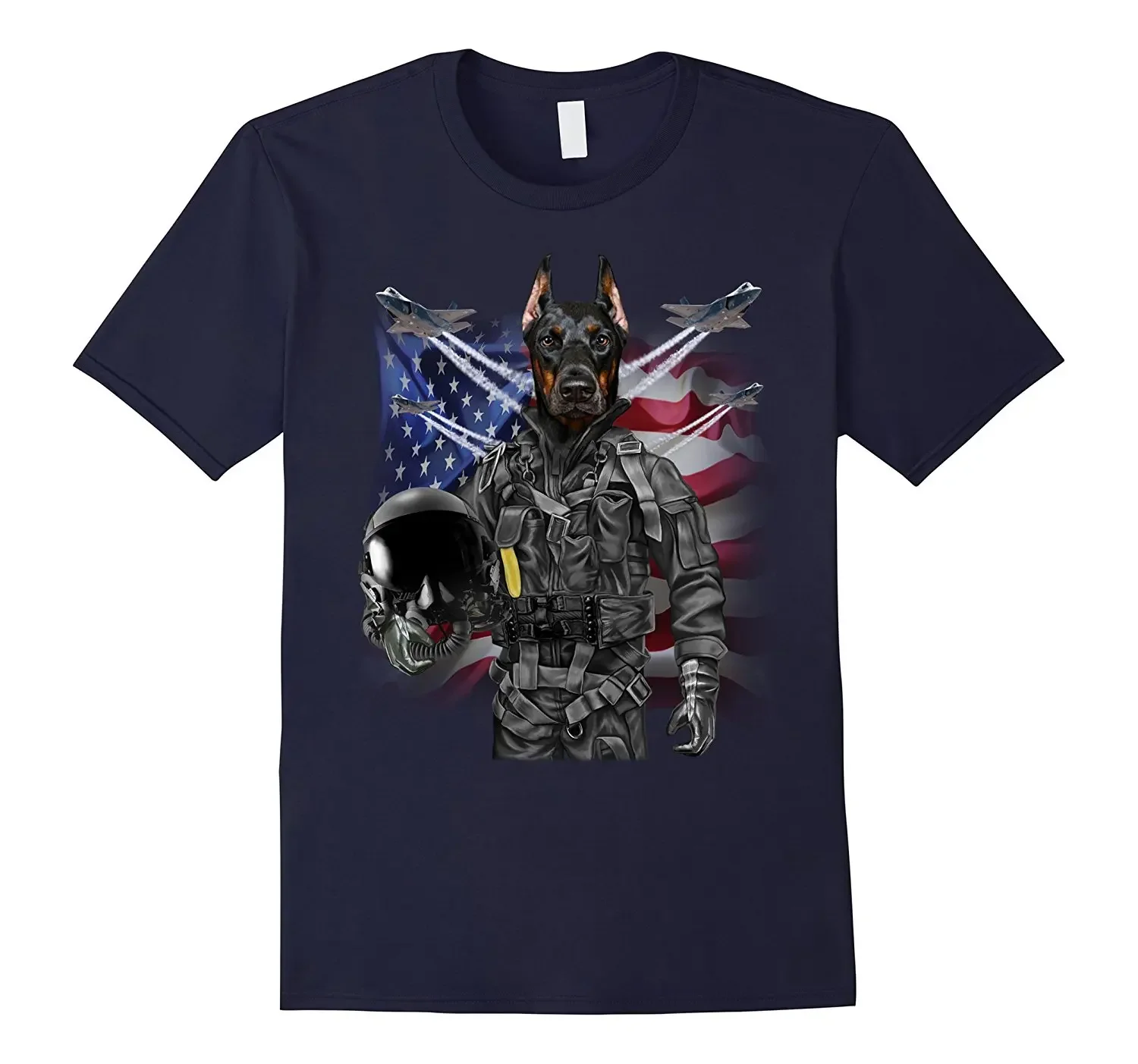 Hot Sale 100% Cotton T-Shirt, Doberman Dog As Fighter Jet Pilot, Usa America Tee Shirt Custom Aldult Teen Unisex Unisex