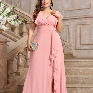 V-Ausschnitt Chiffon Rosa Hochzeitskleid, Fteur-Hochzeitskleid auf den Boden, Abendgästekleid, Plus Size, eine Linie, 2024 8 Hauptverkäufe rosa Kleid rosa - №4