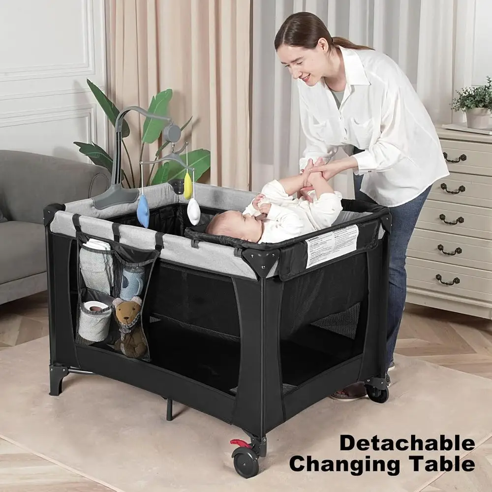 روضة أطفال محمولة 4 في 1 مع طاولة تغيير وحقيبة حمل وسرير - سرير سفر قابل للطي لحديثي الولادة إلى الأطفال الصغار، ASTM Cer #2