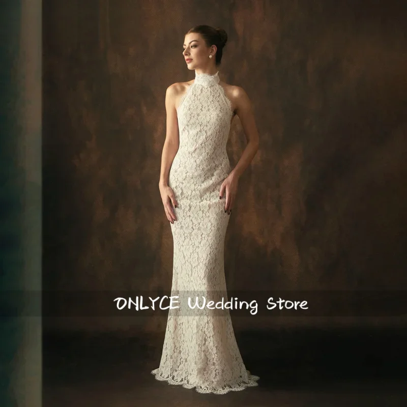 Custom Halter High Neck Full Floral Lace Mermaid Wedding Dress Open Low Back Sleeveless Fitted Sheath Bridal Gown Vintage Dress