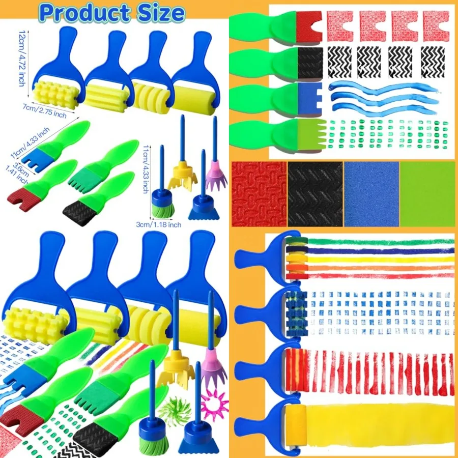 Kids Paint Brushes, 12 Pack Washable Painting Brushes for Toddlers Kids Early Learning Toys Foam Roller Sponge Arts Crafts Gift