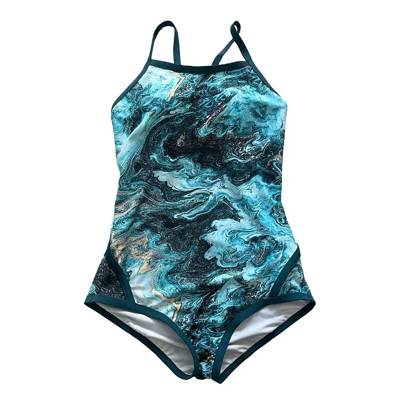 One Piece Swimsuit for Women Seawater Printing Sports Bikinis Retro Slimming Professional Racing Swimsuit Women\'s Hot Spring