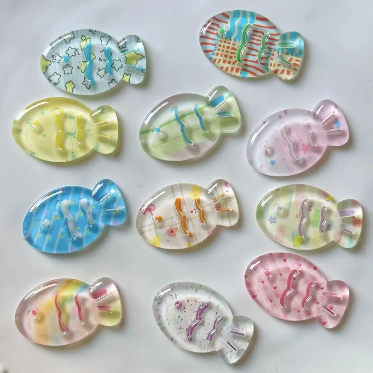 10pcs Clear Printed Small Fish Headwear DIY Accessories Girls Cute Cartoon Fish Shaped Phone Case Shoe Charms Decoration
