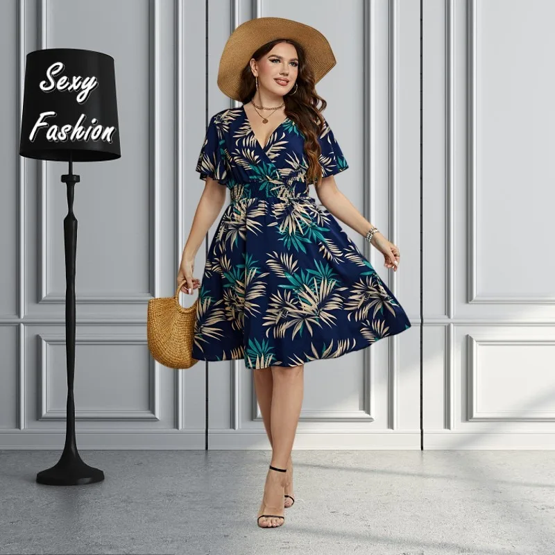 

XL-4XL Dressses for Women Clothing Plus Size Short Sleeve V Neck Printing 2023 Summer Beach Cusual Sexy Midi Dress Dropshipping