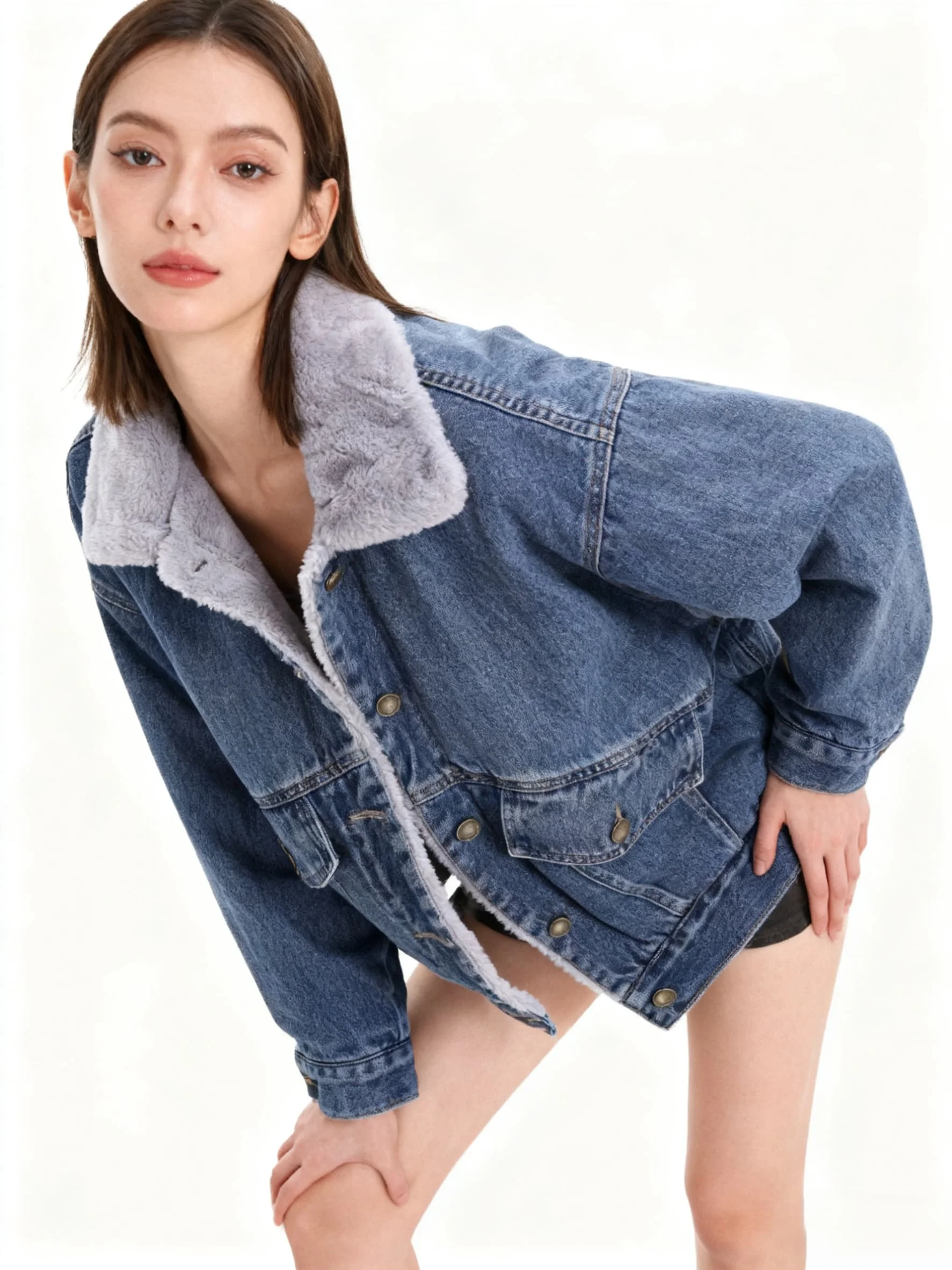 

Джинсовые пальто, длинные меховые плюшевые женские зимние пальто с защитой от запаха, стандартная посадка, новый китайский минималистичный активный отдых на свежем воздухе, уютный термостойкий шик