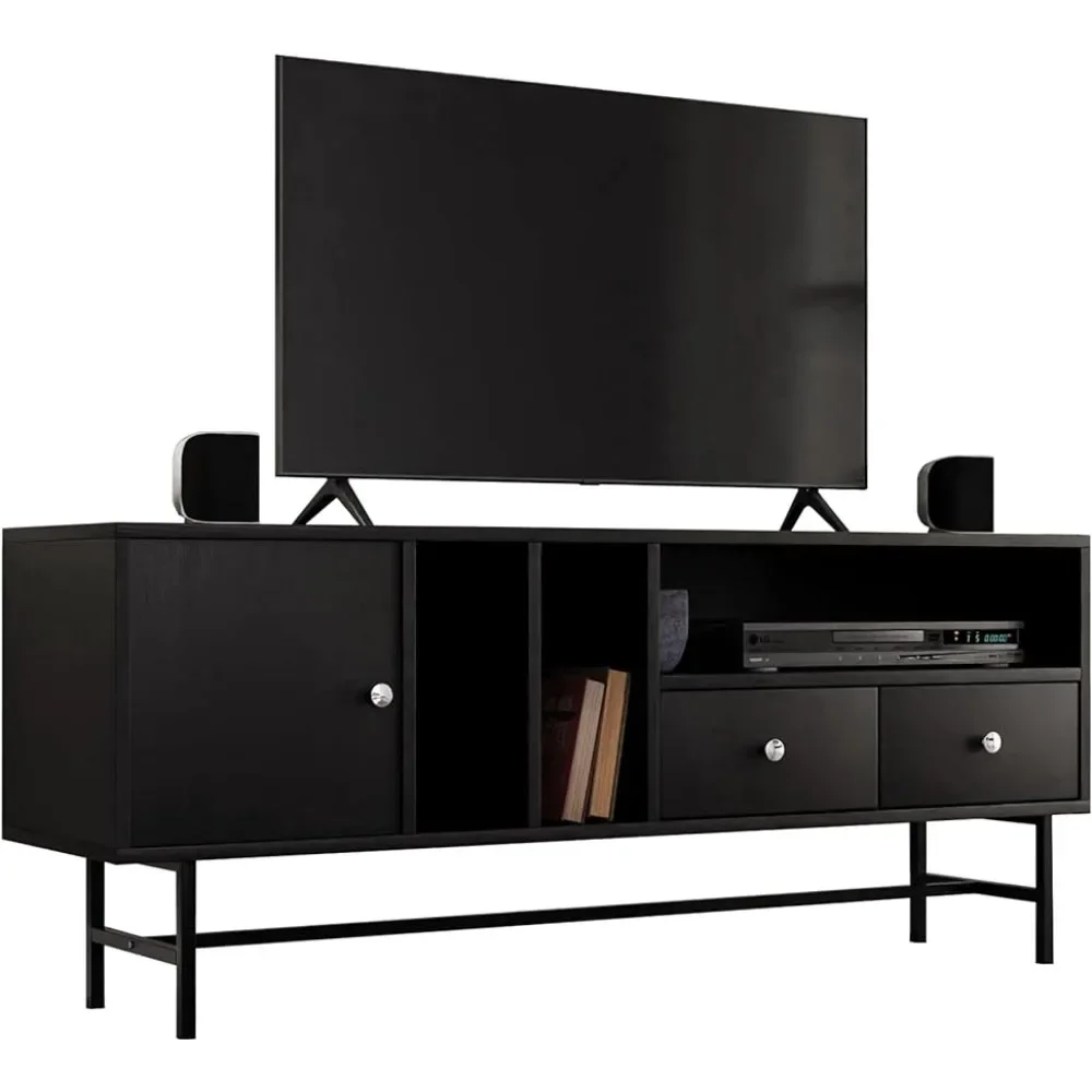 Mid-Century Modern Rectangular TV Stand With Enclosed Storage and Powder-coated Iron Legs Suitable for Living Room and Bedroom