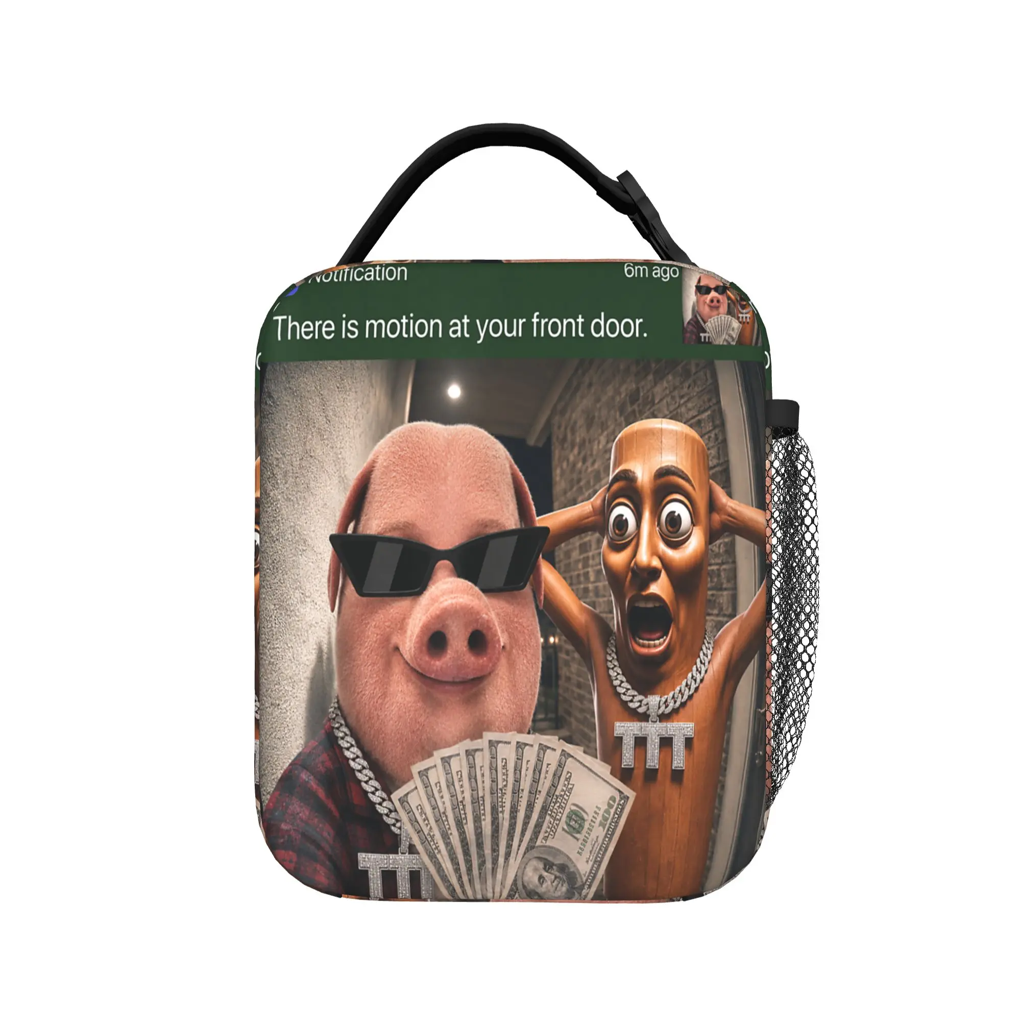 There is Motion at Your Front Door Tung Sahur and Jonh Pork Lunch Bag Portable Lunch Box Child Picnic Graphic Design Cooler Bag