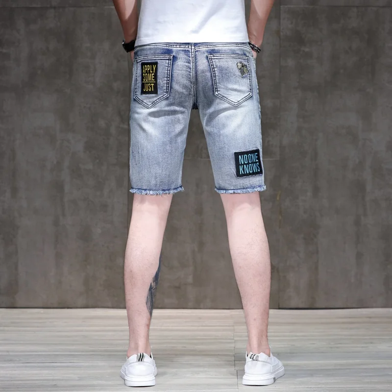 Summer Slim fit MEN'S denim shorts with trendy embroidery and trendy brand holes casual straight leg blue fashionable knee jeans