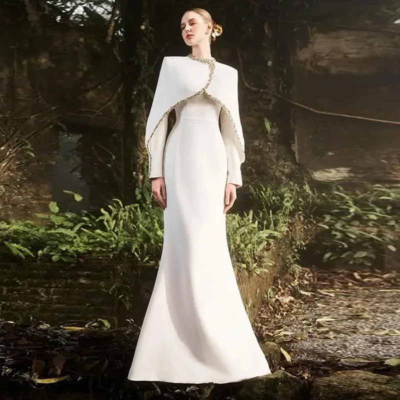 

LISM Fashion Women's Elegant Dress Patchwork Wraps Beading Solid Color High Waist Evening Party Dress 2025 Autumn New