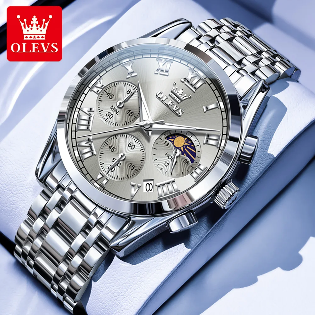 OLEVS 2871 Men Watch Luxury Original Quartz Watch Waterproof Luminous Date Moon Phase Chronograph Classic Roman Scale Men Watch