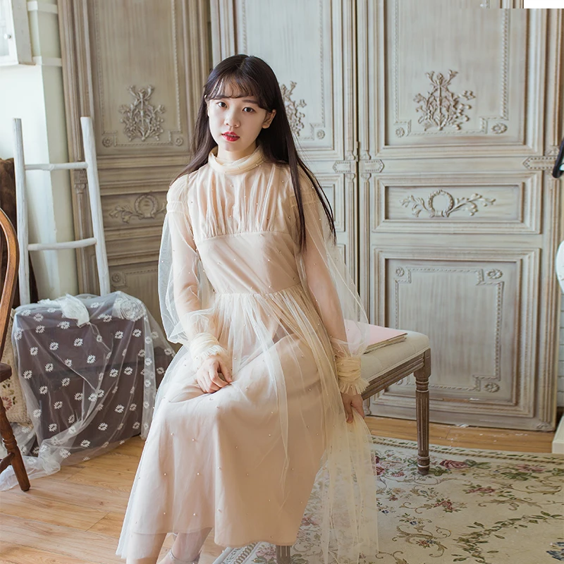 

Retro Pearl Bubble Sve Ultra Fairy Mid-Length Me Dr Women's Original New Sle Stand Collar Long Sve Midi Dr